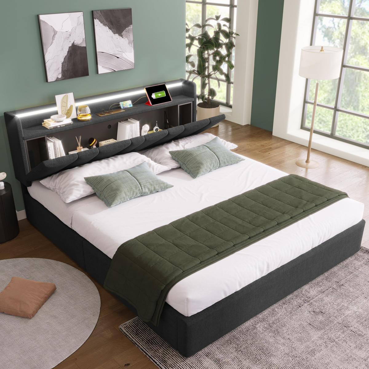 POLSTERBETT 140/200 cm grau mit Stauraum-Kopfteil und LED-Beleuchtung - Grau, Textil (140/200cm) - OKWISH