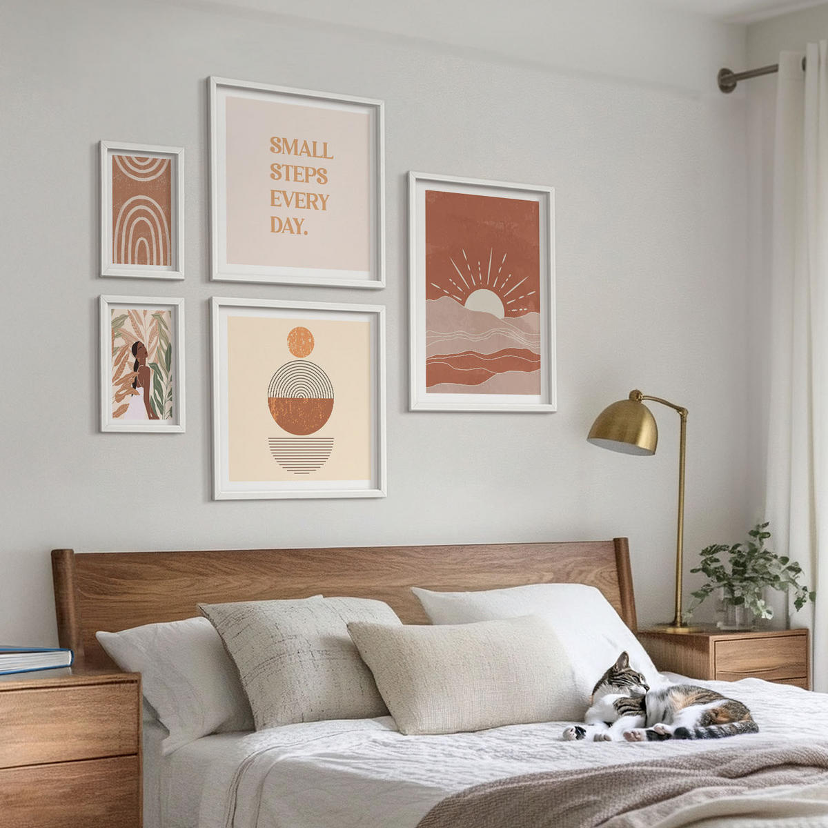 WANDBILDER 5er-Set - 50x50 cm & 20x30 cm & 40x60 cm Weißer Rahmen - Ein entspannter Buddha am Strand - Weiß, Kunststoff (40/60cm) - ArtPrintCave