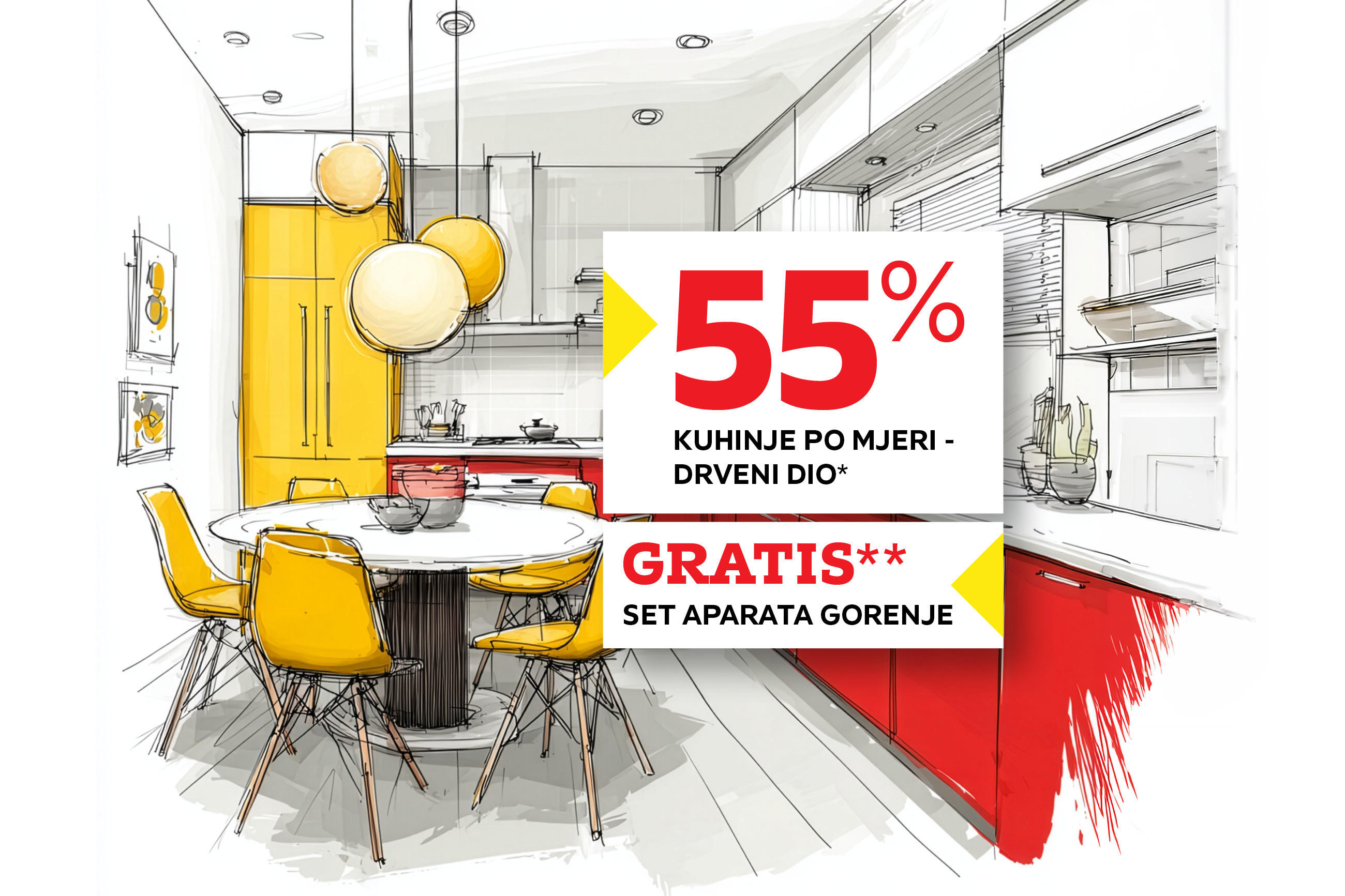 55% kuhinje po mjeri - drveni dio* gratis** set aparata Gorenje