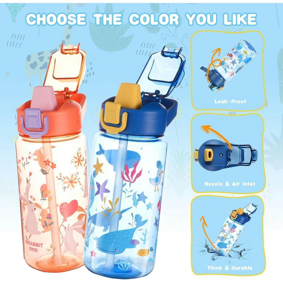 KINDER-TRINKFLASCHE mit Strohhalm 600 ml Blau Kaninchen - Blau, Kunststoff (7.7/7.7cm)