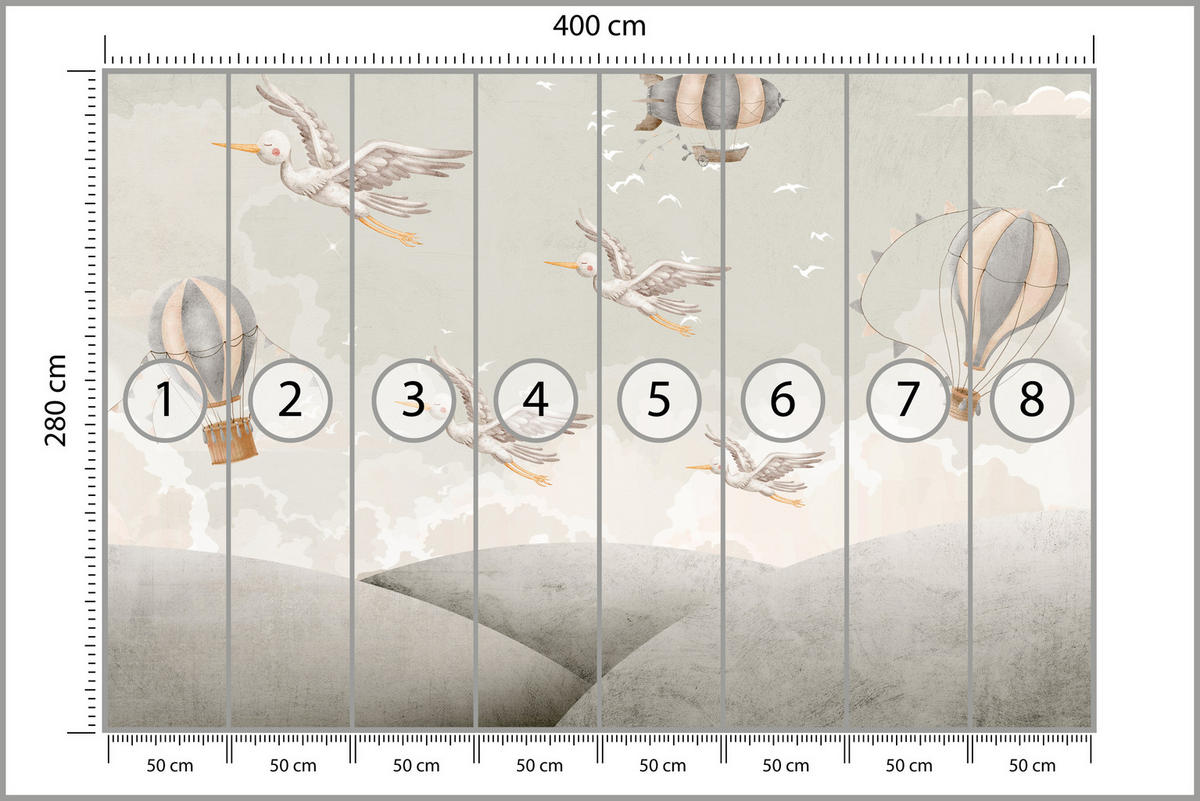 FOTOTAPETE für Kinderzimmer Boho Störche Aquarell Balon Luftschiff Himmel 400x280 - Beige/Weiß, Papier (400/280cm) - Muralo