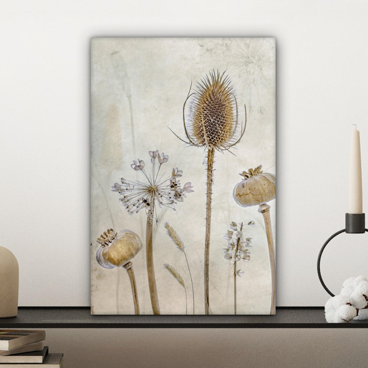 LEINWANDBILD Blumen - Aquarell - Stilleben - Braun - Vintage Deko Wohnzimmer 20x30 cm - Beige, Textil (20/30cm) - MuchoWow