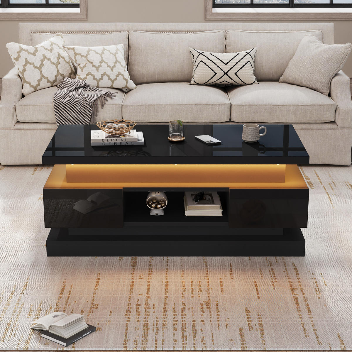 COUCHTISCH anhebbar Schwarz 2 Schubladen LED 100x50x40cm - Schwarz, Holzwerkstoff (100/50/40cm) - FLIEKS