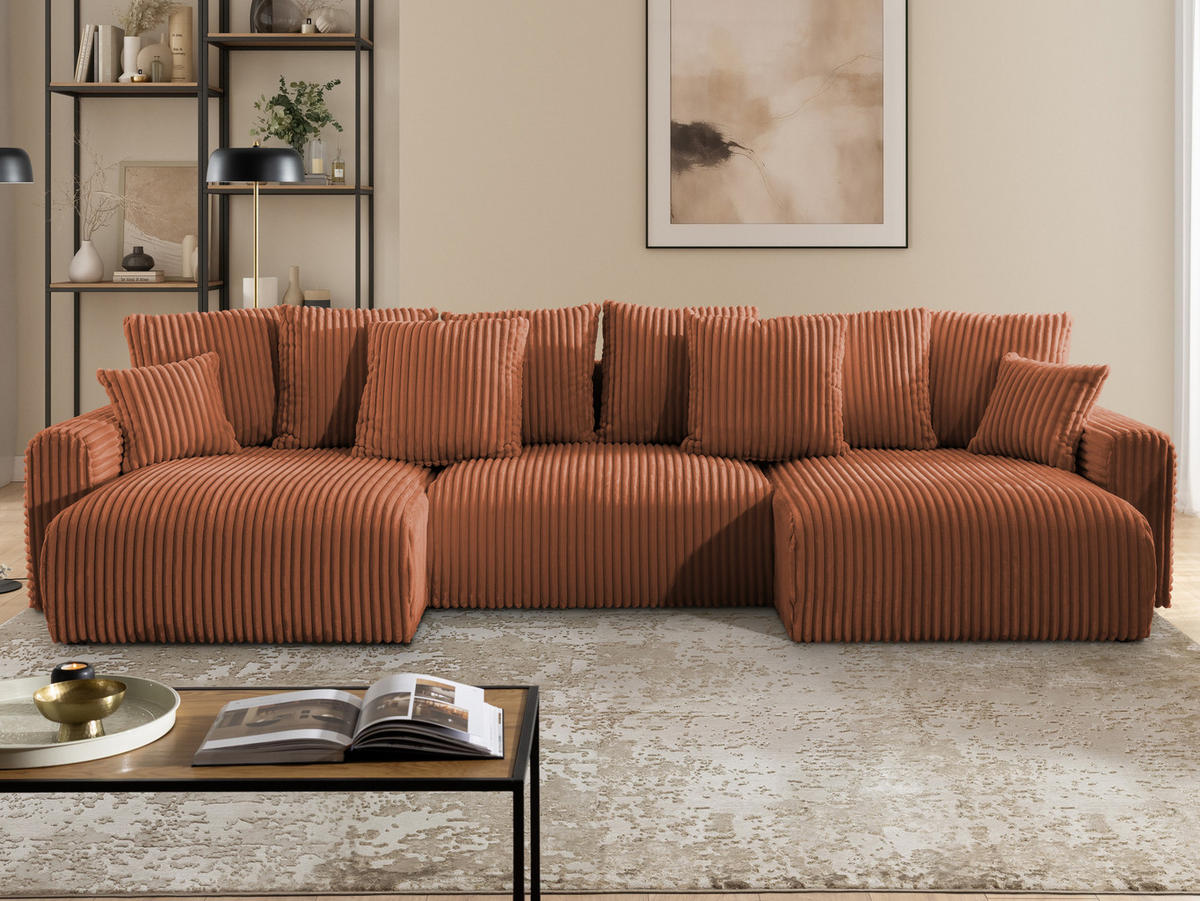 WOHNLANDSCHAFT Calma mit Schlaffunktion und Bettkasten im Bumpy-Design aus weichem Terrakotta Plüschcord - Beige/Terracotta, Holz/Textil (336/88/140cm) - S-Style
