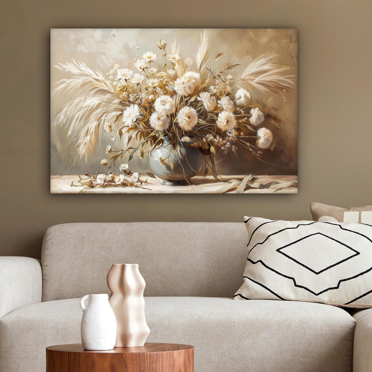 LEINWANDBILD Blumen - Vase - Stilleben - Beige Gemälde 60x40 cm - Creme, Textil (60/40cm) - MuchoWow