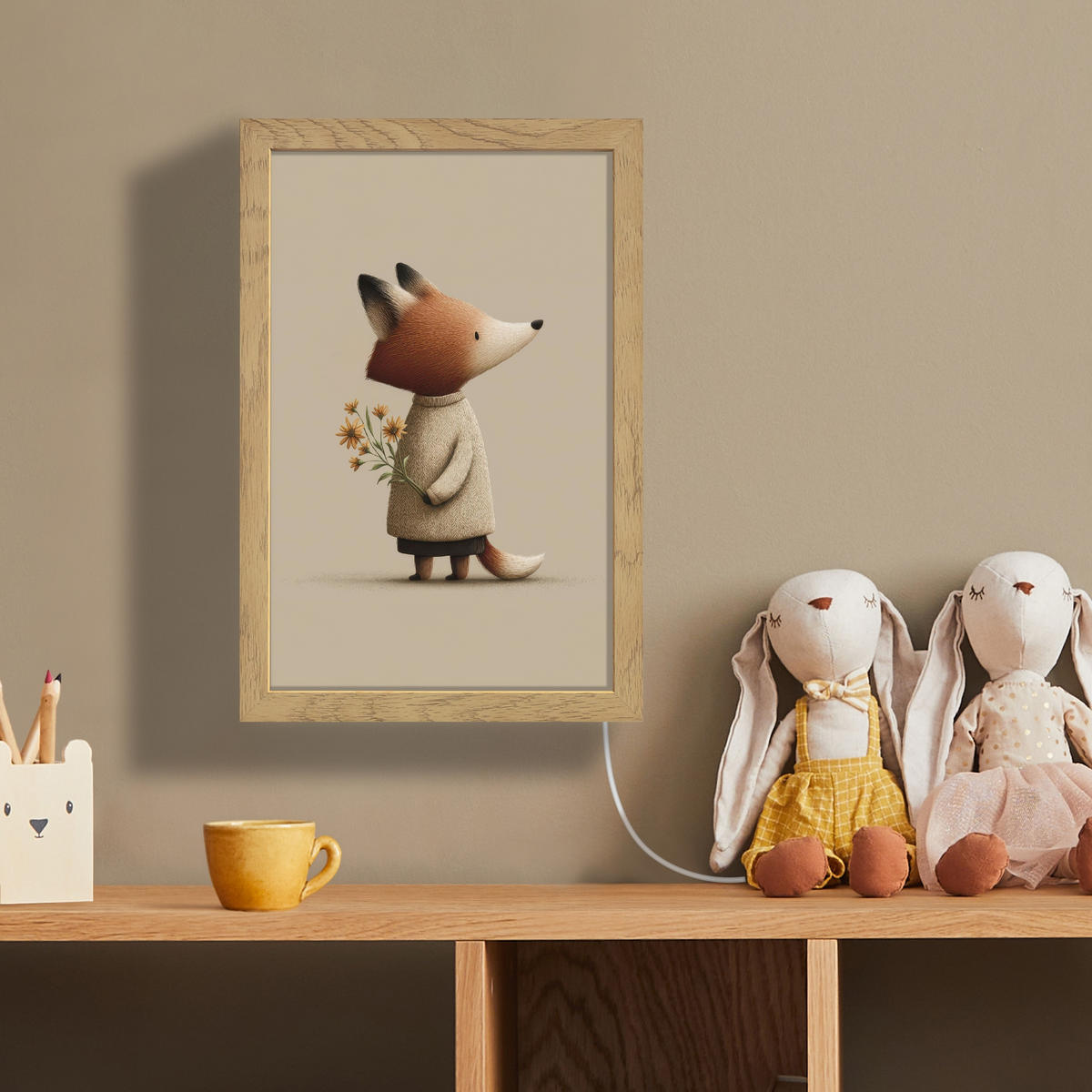 NÁSTĚNNÁ LAMPA Liška - Žluté květy - Minimalistický 20x30 cm - šedohnědá, kompozitní dřevo (20/30/8cm) - OnlyWow