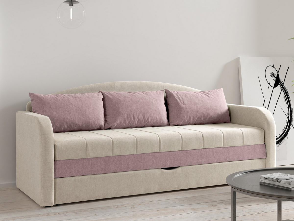 CANAPEA EXTENSIBILA Tenus - bej/roz, material textil/lemn (208/86/76cm) - MIRJAN24