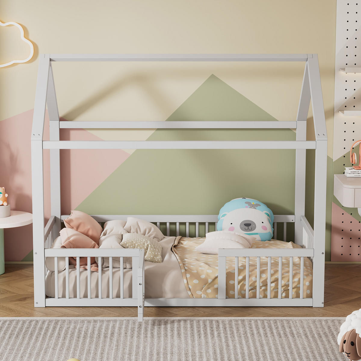 HAUSBETT 90/200 cm Weiß aus Kiefer mit Türchen - Weiß, Holz (90/200cm) - OKWISH