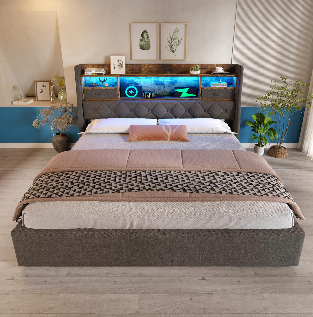 TAPECIRANI krevet 160/200 cm s LED osvjetljenjem, USB i Type-C priključcima te hidrauličnim spremištem, Siva - siva, tekstil (160/200cm) - Redom