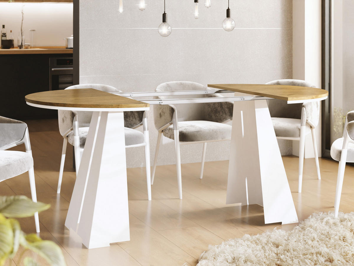 ESSTISCH Kova runder ausziehbarer, Lancelot Eiche 100-180/100/76 cm - Eichefarben/Weiß, Holzwerkstoff/Metall (100/100/76cm) - WFL GROUP