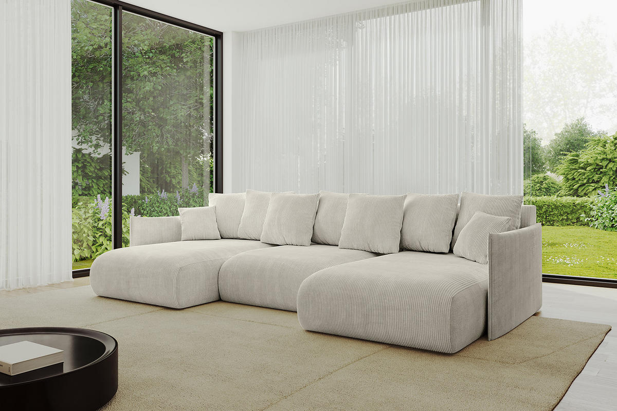 WOHNLANDSCHAFT mit Schlaffunktion und Bettkasten ONESK-U 317x177x72 Hellgrau Cord - Ecru, Holzwerkstoff/Kunststoff (317/72/177cm) - ALTDECOR