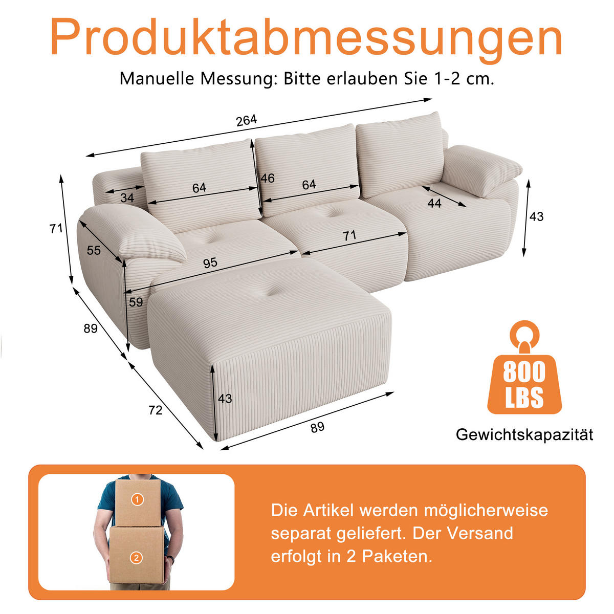ECKSOFA,3-SITZER-SOFA, Stoffsofa L Form Cordstoff mit Hocker,Beige - Beige, Textil (264/89cm) - PARAFTA HOME