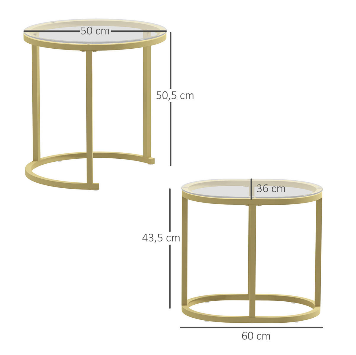 COUCHTISCH 2er-Set 50/50,5 cm & 60/36/43,5 cm stapelbar mit Glasplatte - Goldfarben, Metall (50/50/50.5cm) - BEAOK