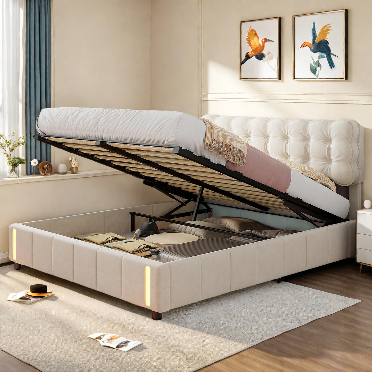 POLSTERBETT 140x190 cm LED Stauraum Hydraulik Lattenrost Samt beige - Beige, Holz (140/190cm) - LEBENLANG
