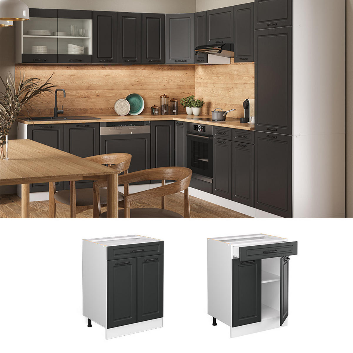 KÜCHENUNTERSCHRANK R-Line Anthrazit Landhaus 60 cm mit Schublade AP Anthrazit - Dunkelgrau/Anthrazit, Holzwerkstoff (60/81.6/60cm) - Vicco