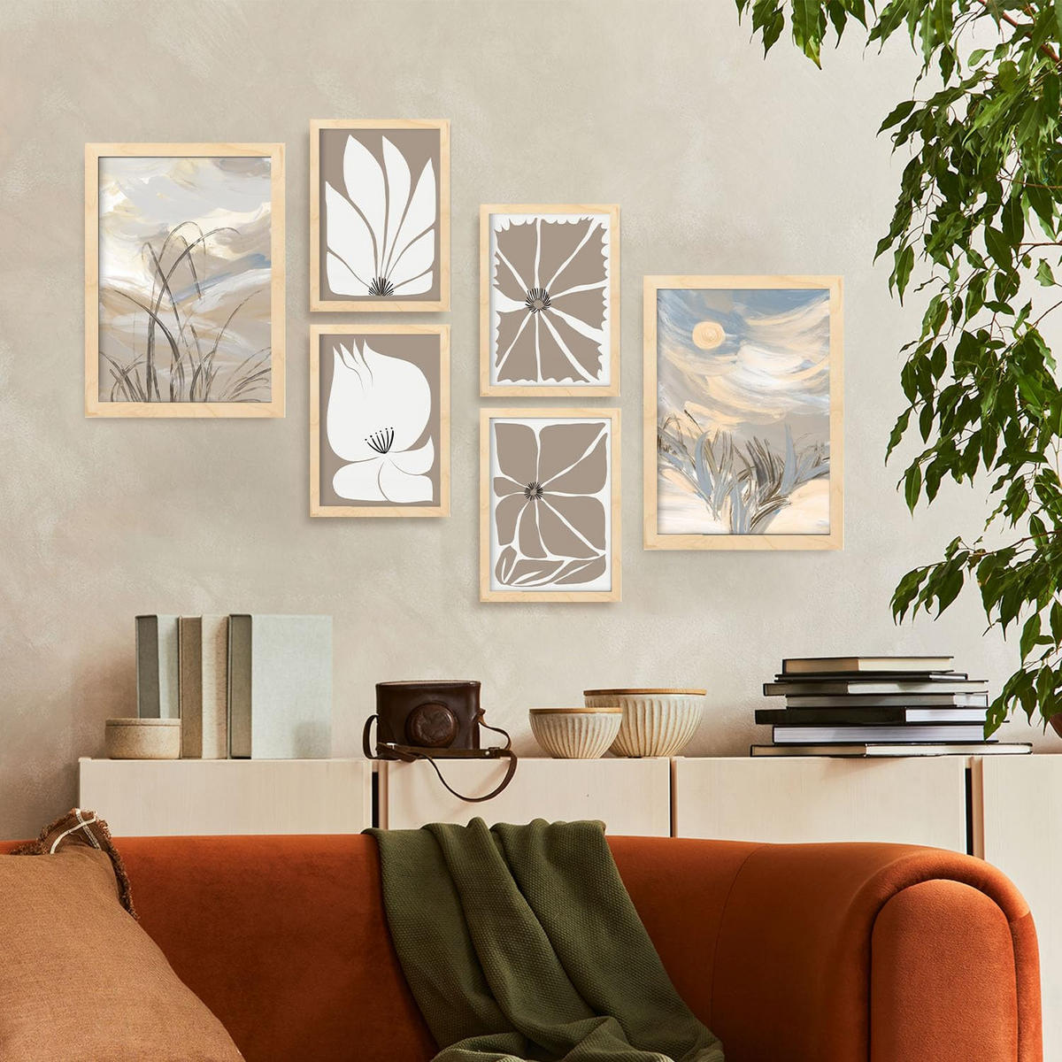 POSTER Set Mit 6 Latente Natur In Kulissen Abstracts Ästhetische Dekorative Gemälde Für Ihr Wohnzimmer Zuhause A3 & A4 Rahmen Aus Hellem Holz - Beige, Papier (29/3cm) - Nacnic