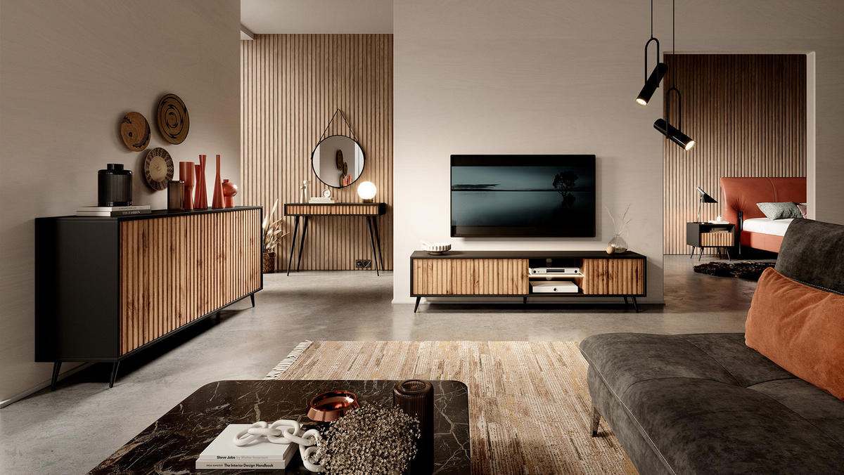 SIDEBOARD Bello Schwarz Eiche 154 cm - Schwarz, Holzwerkstoff (154/78/38cm) - Selsey
