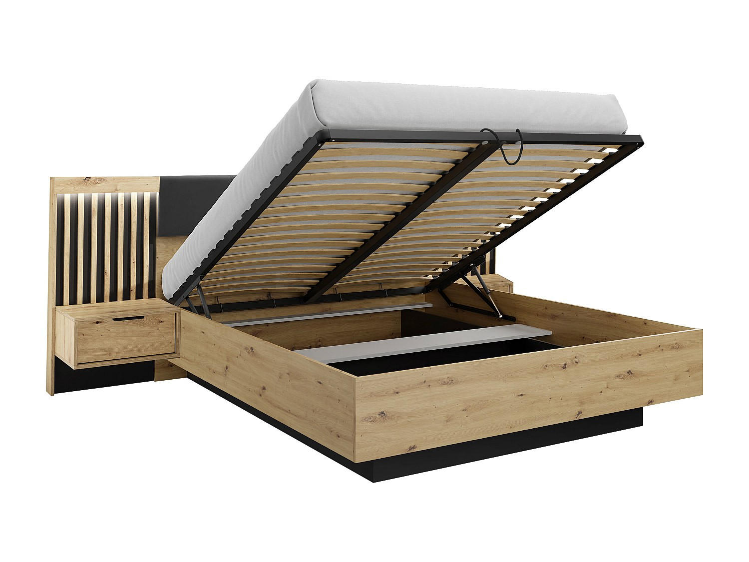 BETT mit Bettkasten - 2 Personen - Holz, Platte - Schwarz, Naturfarben Hell - - Schwarz/Naturfarben, Holz (160/200cm) - Vente-Unique
