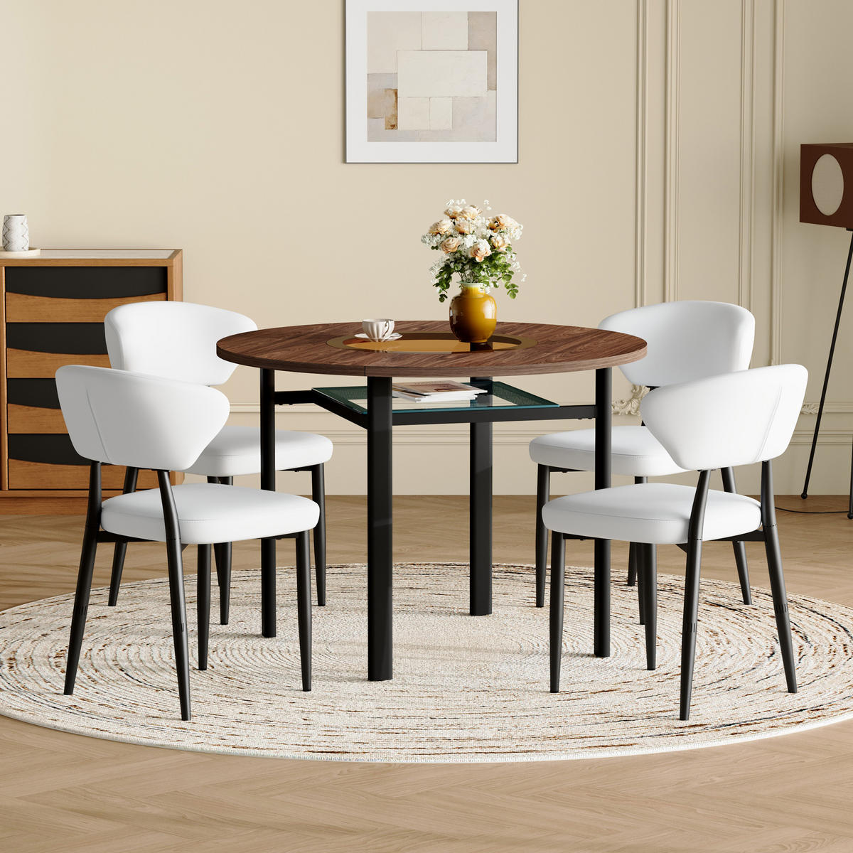 ESSGRUPPE DE-39356 5-teilig, mit 4 PU-Sesseln und Glasintarsie Braun/Weiß - Weiß, Metall (100/76/100cm) - ComfortXL