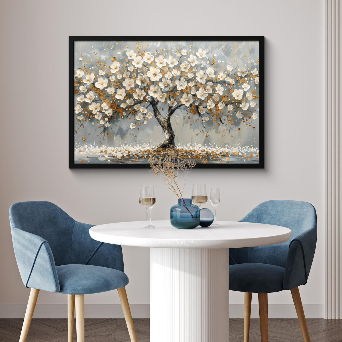 POSTER MIT RAHMEN Baum - Blumen - Weiß - Natur - Kunst 90x60 cm - Weiß, Papier (90/60cm) - MuchoWow