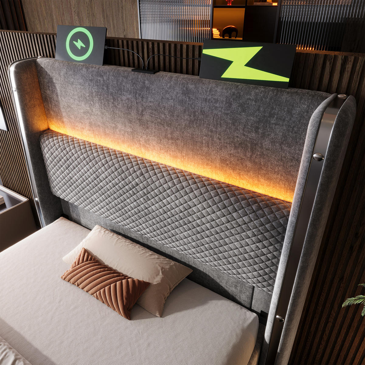 POLSTERBETT 90/200 cm mit hydraulischem Bettkasten, LED-Kopfteil & USB/Type-C, grau - Grau, Textil (90/200cm) - Redom