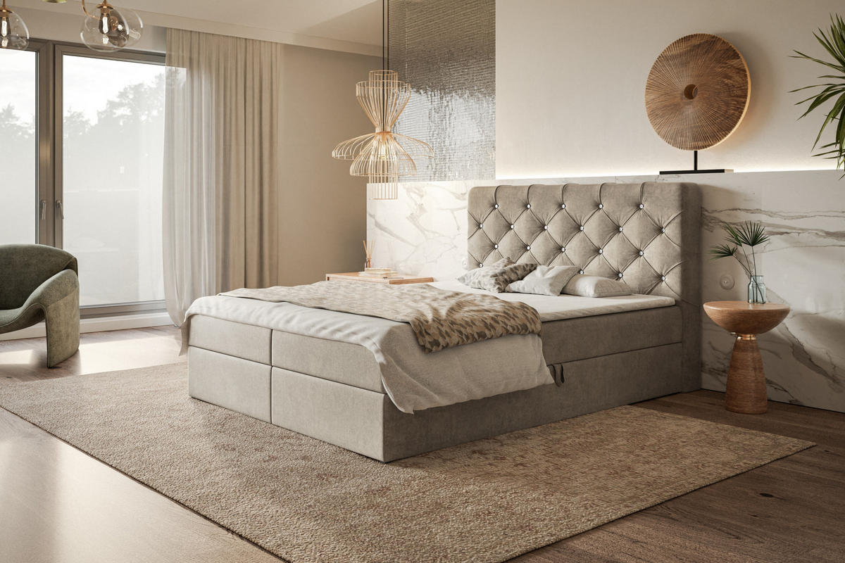 BOXBETT BOSTON mit 2 Bettkästen, 140x200, Farbe: Sand, Velourstoff, Doppelbett mit Bonell-Matratze - Sahara, Holz/Kunststoff (140/200cm) - Alpi-Möbel