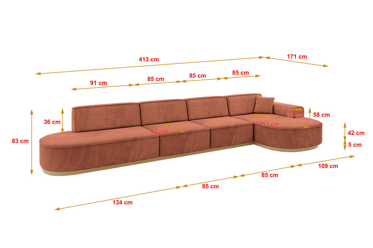 ECKSOFA Ottomane Rechts MARI-L3-v2 - 413x171x83 cm Koralle Velours - Koralle, Holzwerkstoff/Textil (171/413cm) - ALTDECOR
