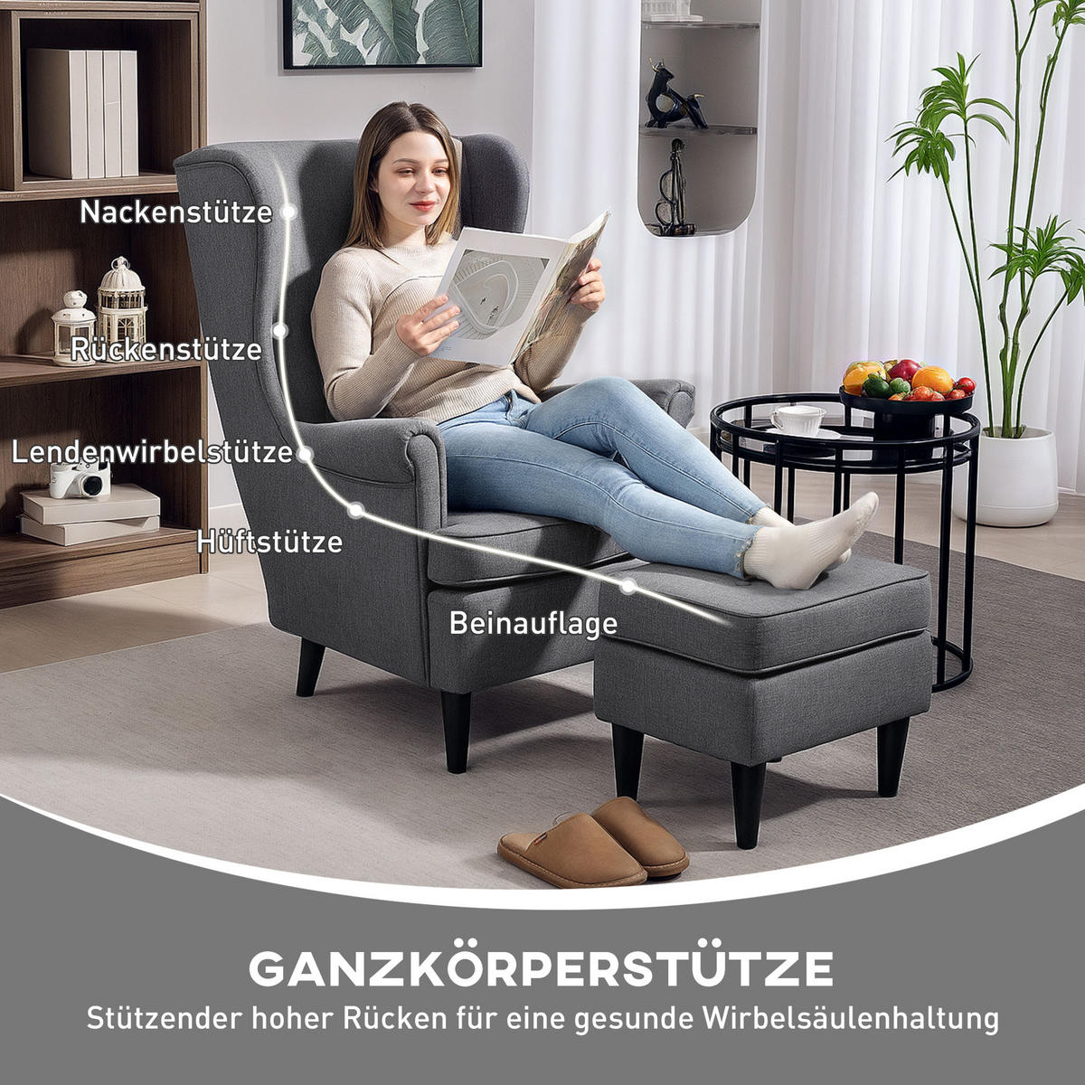 OHRENSESSEL mit Hocker Sessel mit Leinenoptik, Lendenkissen für Wohnzimmer Grau - Grau, Kunststoff (75/104/83cm) - HOMCOM
