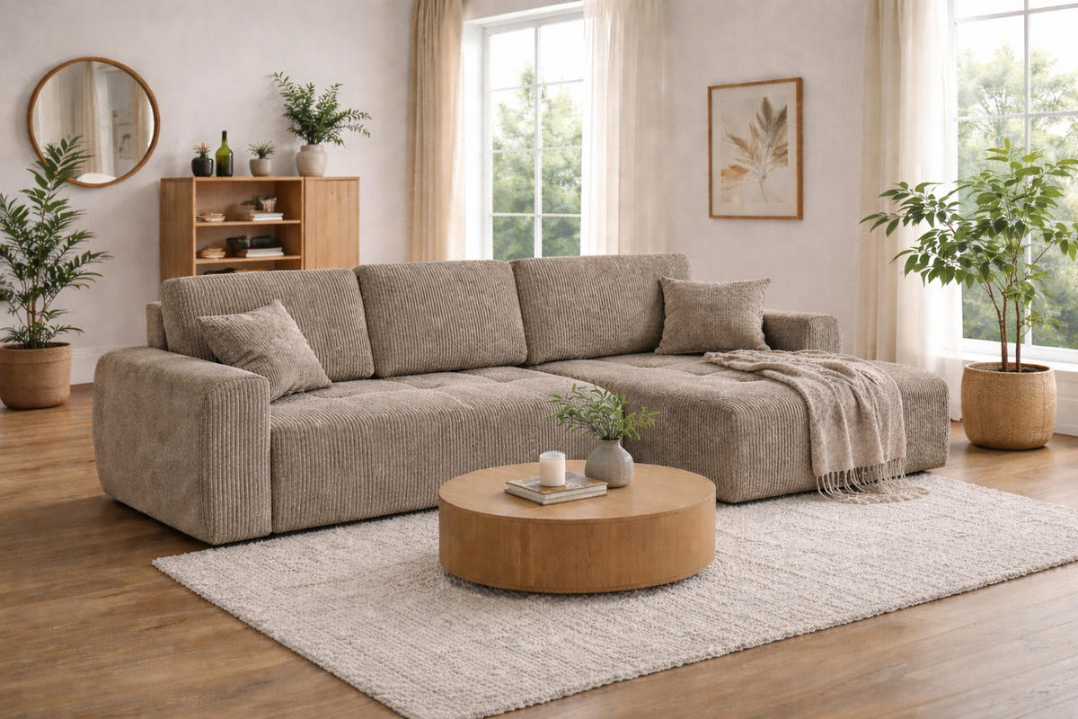 ECKSOFA Mit Schlaffunktion Und Bettkasten L-Form Ivo XL, Cordstoff Poso, Dunkelbeige, Rechts - Beige, Holz (280/142cm) - Kaiser Möbel