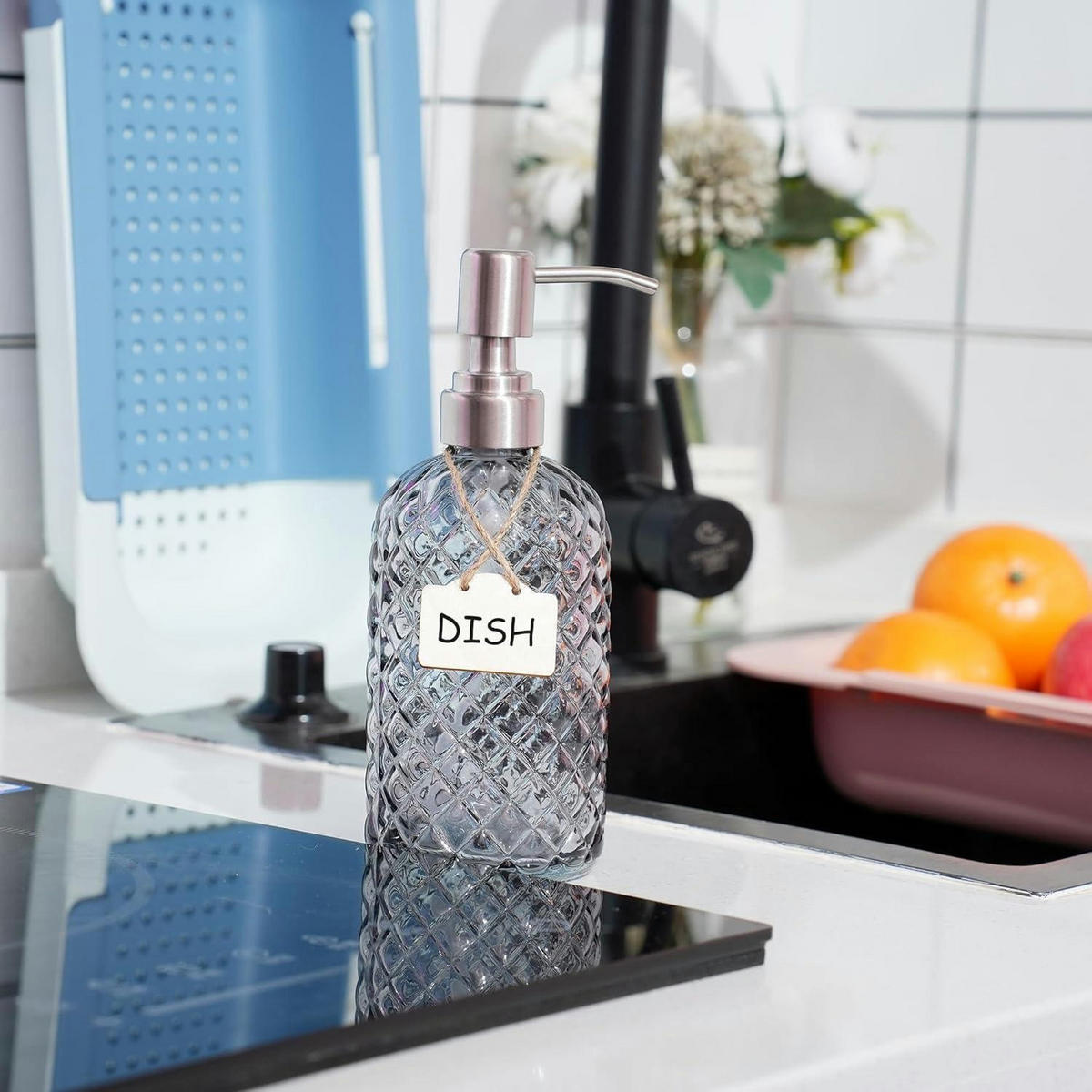 SEIFENSPENDER Glas Blau mit Edelstahlpumpe 473 ml - Grau, Glas (7.1/18.5/7.1cm)