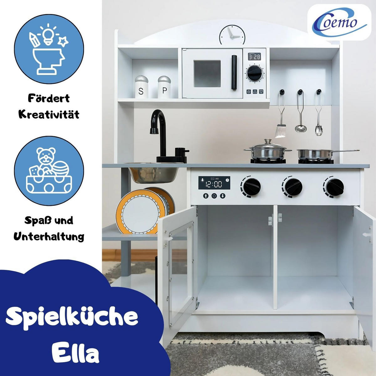 SPIELKÜCHE ELLA mit Zubehör 68/26/82 cm - Grau, Holz (68/26/82cm) - Coemo