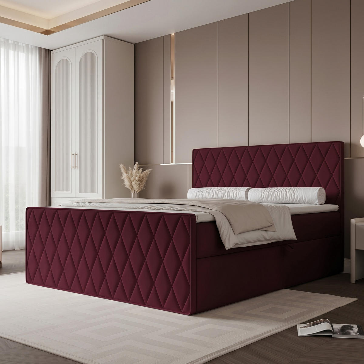 BOXBETT PONTI III 200x200 cm Bordeaux (Samt) - mit 2 Bettkästen, Bonellmatratze und Rautensteppung - Bordeaux, Holzwerkstoff/Textil (200/200cm) - Ravio