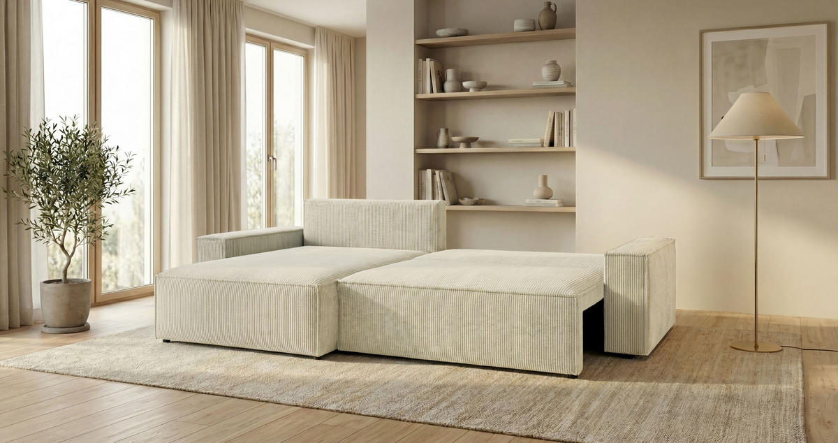 ECKSOFA VIENNA links weiß Cord Poso 100 - Schlaffunktion, Bettkasten - Weiß, Textil (285/185cm) - Cornero
