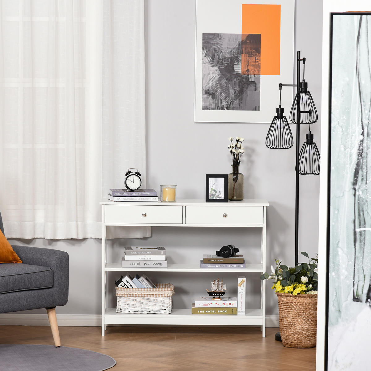 KONSOLENTISCH DE-16761 2 Schubladen + 2 Ablagen, 100 cm Weiß - Weiß, Holzwerkstoff (100/30.5/80cm) - ComfortXL