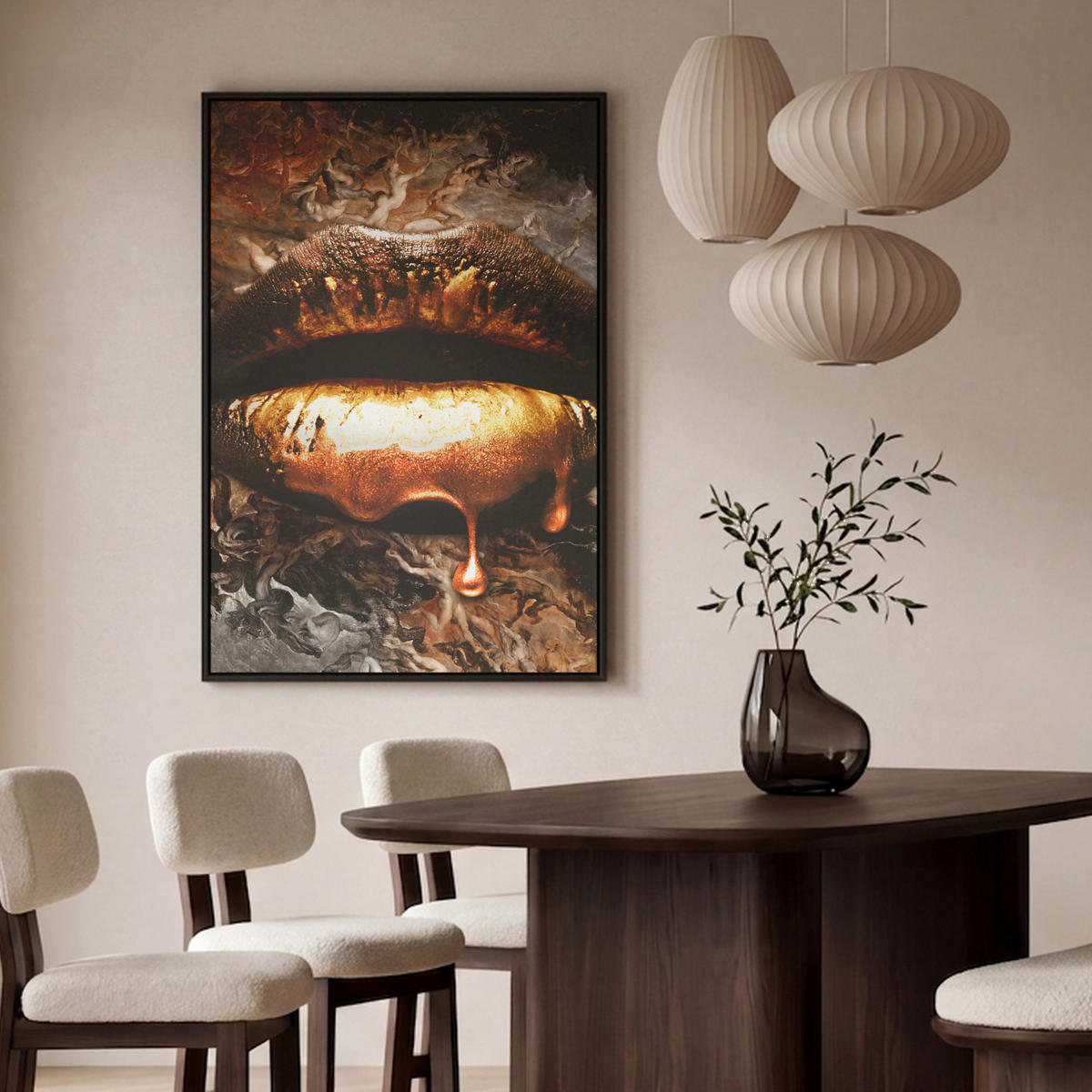 LEINWAND Bilder mit Rahmen - Gold - Lippen - Kunst - Gold - Luxus - Abstrakt - 80x120 - Kupferfarben, Textil (80/120cm) - MuchoWow