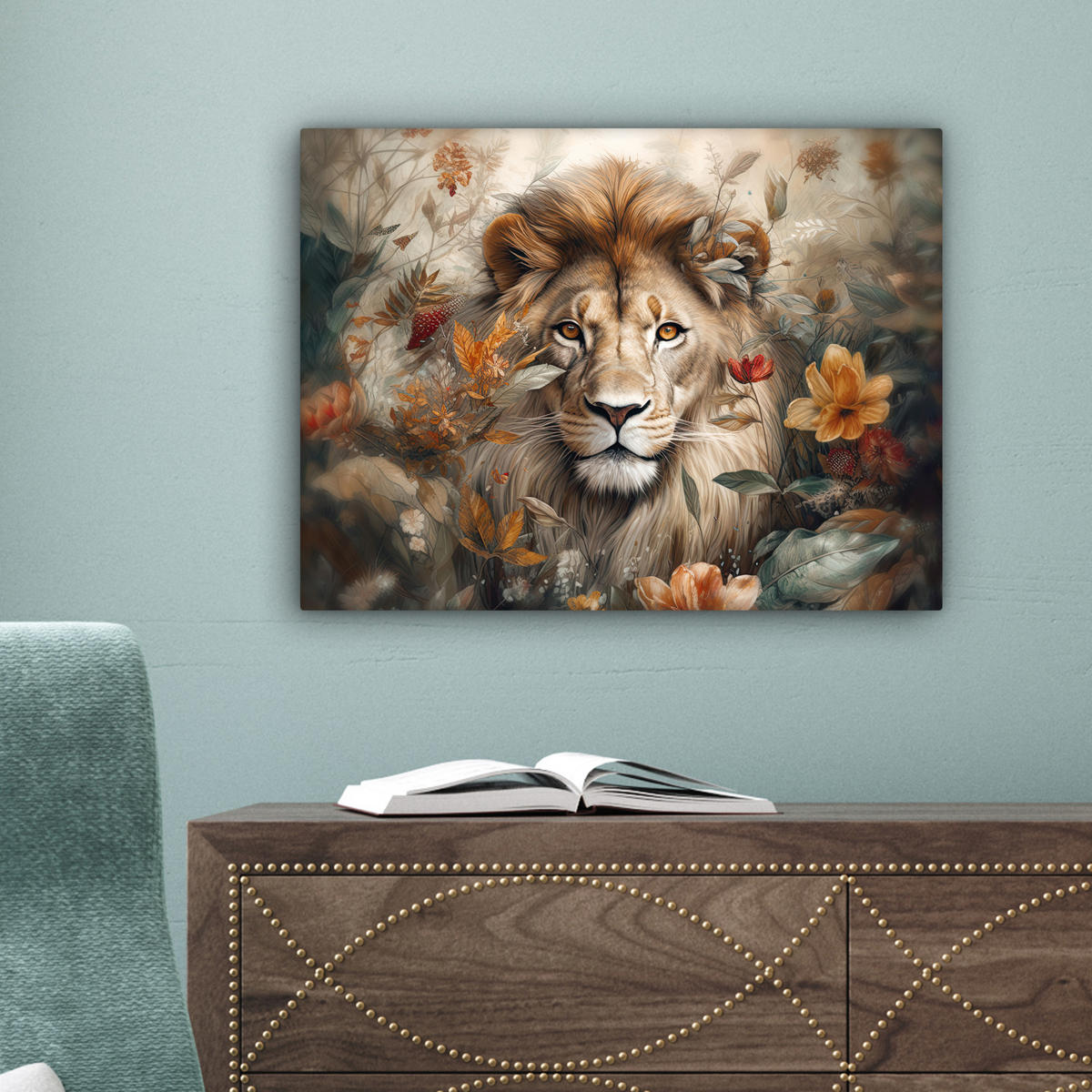 LEINWANDBILD Löwe - Wildtiere - Pflanzen - Natur - Blumen Wandbild 40x30 cm - Beige, Textil (40/30cm) - MuchoWow