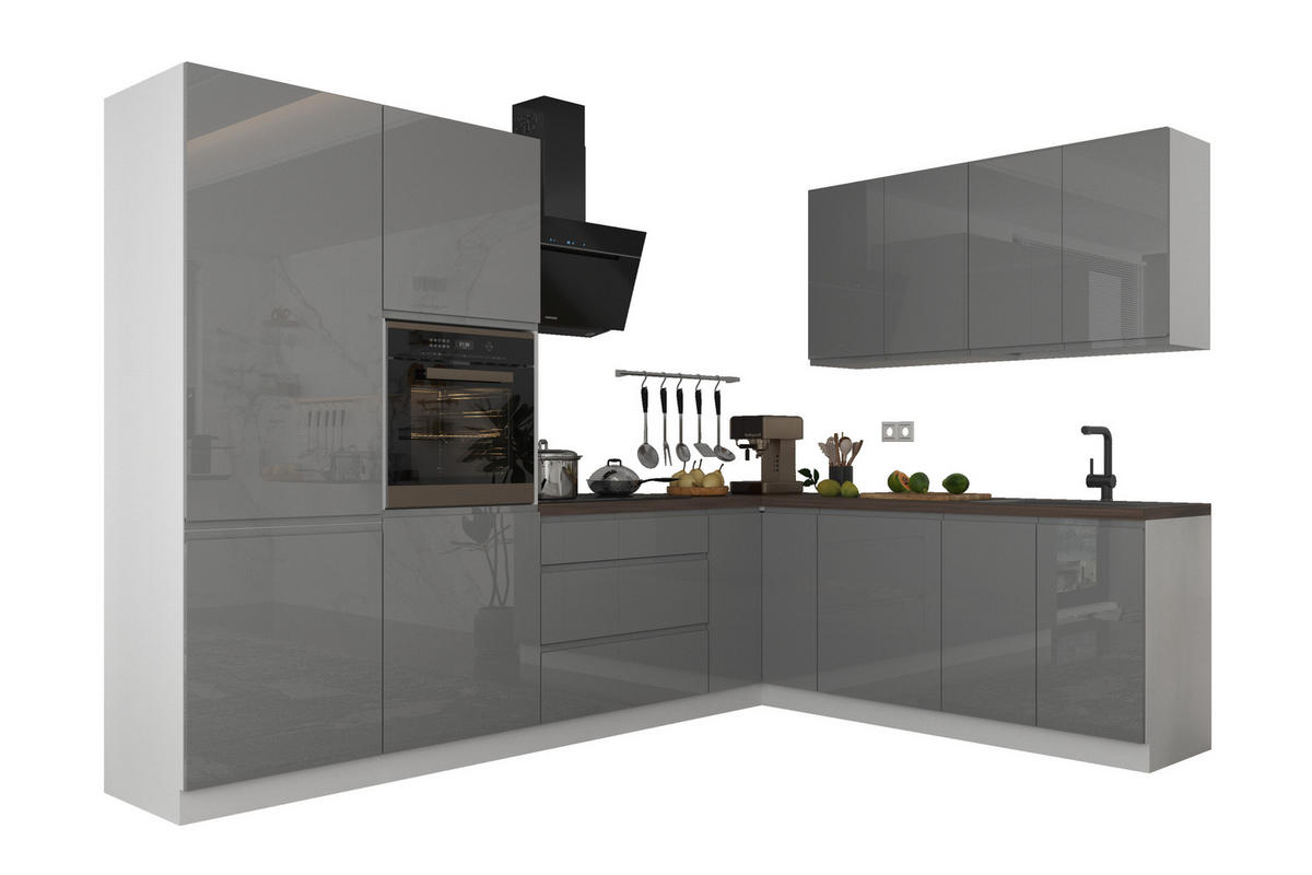 ECKKÜCHE 290 x 230 cm – Aspen KA3-M290 - in Grau/Hochglanz - Grau, Holz (520/212/58cm)