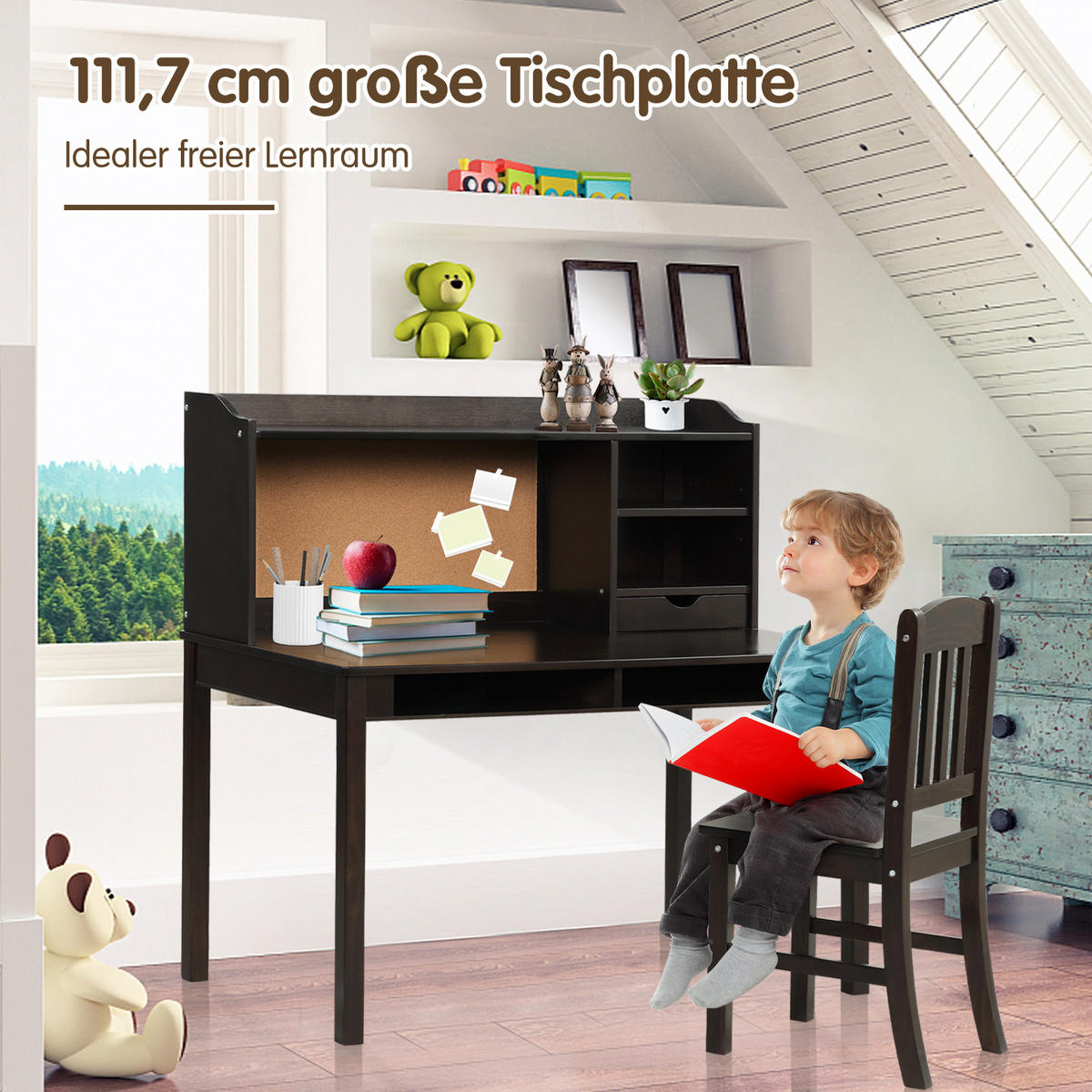 KINDERSCHREIBTISCH mit Hängeplatte braun(2-tlg) - Braun, Holzwerkstoff (111.5/110.7/60.5cm) - COSTWAY