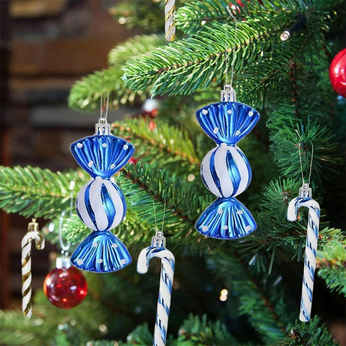 WEIHNACHTSBAUMSCHMUCK 18-teiliges Set Zuckerstangen & Kugeln Blau & Weiß - Blau, Kunststoff (5/1/14cm)