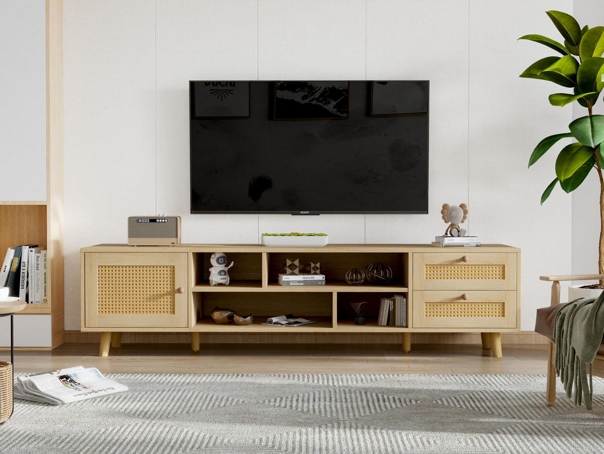 TV ormarić 160/39/40,5 cm hrast od iverice s otvorima za kabele i ratan frontama - prirodne boje, drvni materijal (160/40/39cm) - OKWISH