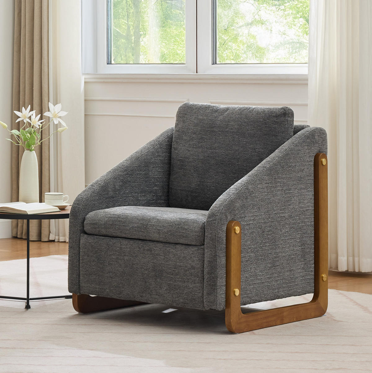SESSEL 73,5/73,5/73,5 cm aus Chenille mit Holzarmlehnen in Grau - Grau, Textil (73.5/73.5/73.5cm) - BEAOK