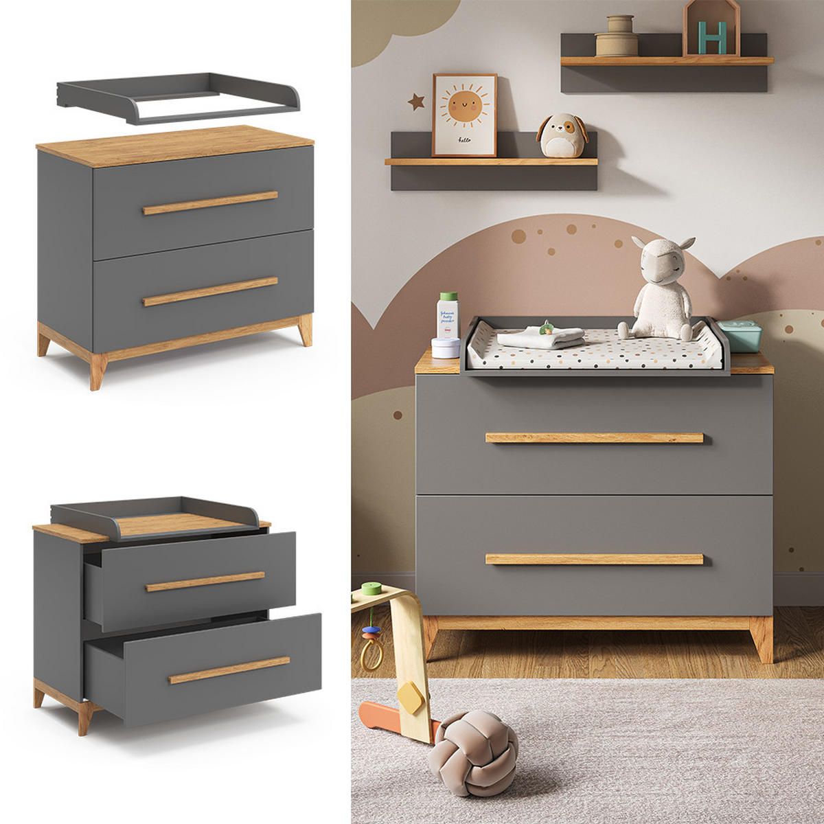 WICKELKOMMODE Malia Grau 108 x 98 cm mit 2 Schubladen - Grau, Holzwerkstoff (108/98/70cm) - VitaliSpa