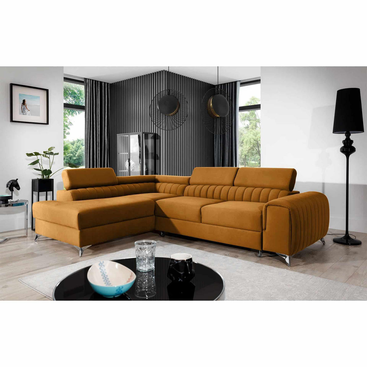 ECKSOFA mit Schlaffunktion und Bettkasten, wasserabweisender Monolith-Stoff - Gelb/Silberfarben, Textil/Metall (275/205cm) - Eltap