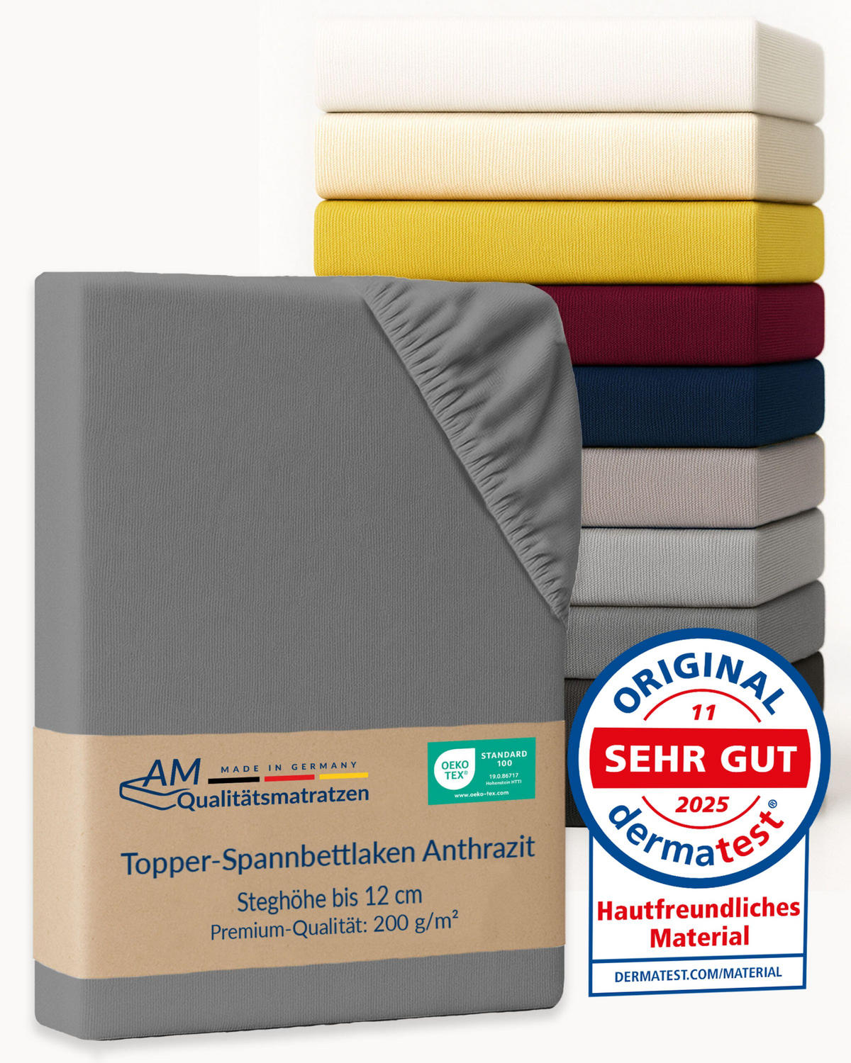 SPANNBETTLAKEN TOPPER 90/220/12 cm Anthrazit - Anthrazit, Textil (90/220cm) - AM Qualitätsmatratzen