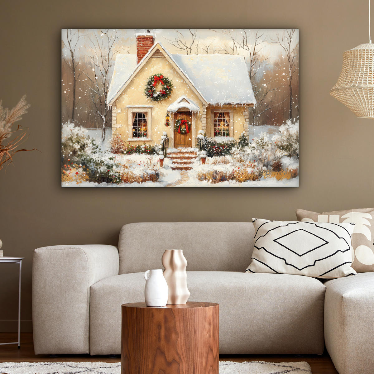 LEINWANDBILD Weihnachten - Zuhause - Winter - Schnee Wohnzimmer 120x80 cm - Creme, Textil (120/80cm) - MuchoWow