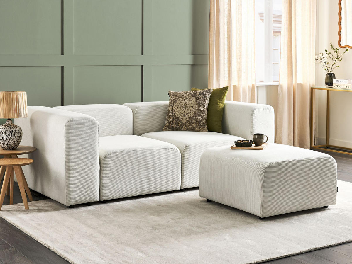 ECKSOFA 2-Sitzer Cord cremeweiß mit Ottomane Falsterbo - Weiß, Textil (204/105cm) - Beliani