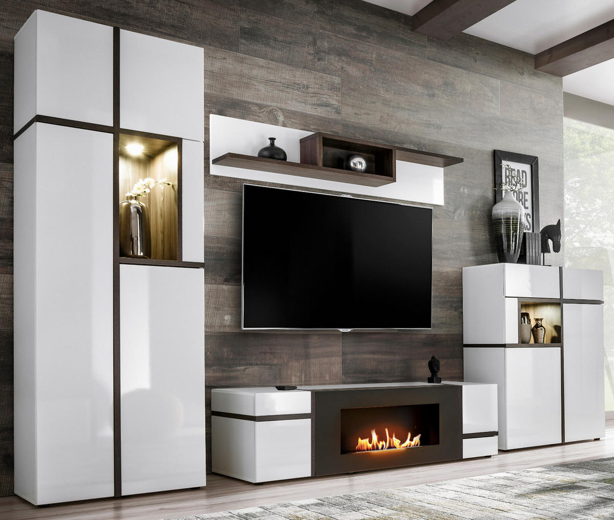 WOHNWAND weiß Hochglanz, Ulme 340 cm, Schrankwand mit Kamin, inkl. LED-Beleuchtung - Ulmefarben/Weiß Hochglanz, Glas/Holzwerkstoff (340/197/50cm) - Inn.Furn