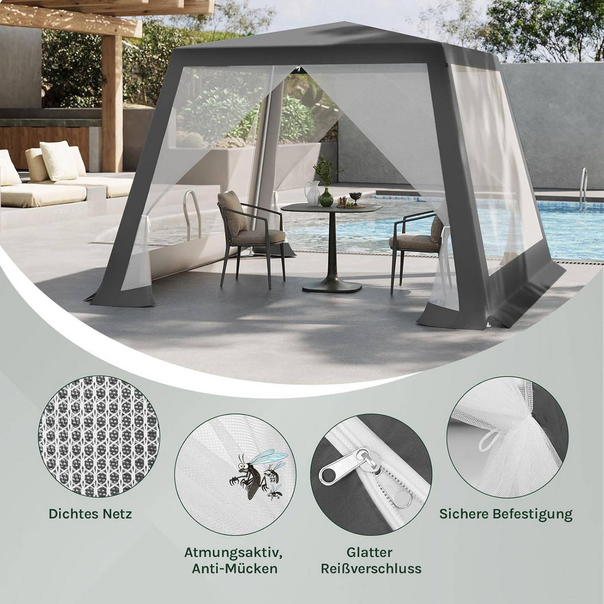 PAVILLON 3x3 m, Gartenpavillon mit Seitenwänden Moskitonetz - Grau, Metall (300/250/300cm) - Woltu