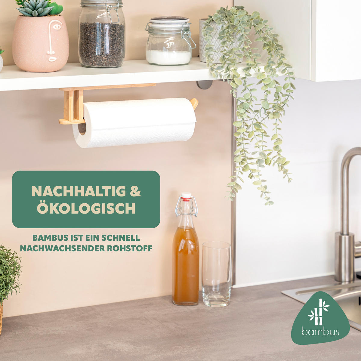 WAND-KÜCHENROLLENHALTER, Bambus - Braun, Holz (34.5/3/8cm) - eluno