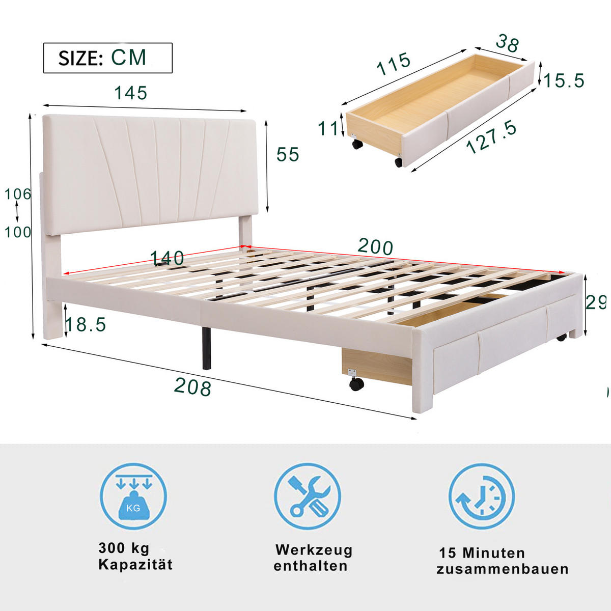 POLSTERBETT 140x200 cm, Beige, großer Schublade, Samt - Beige, Textil/Metall (140/200cm)